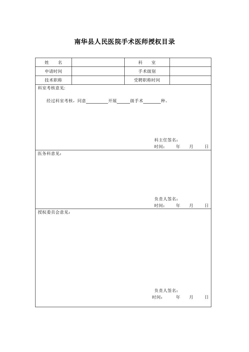 手术授权申报表(个人专用)