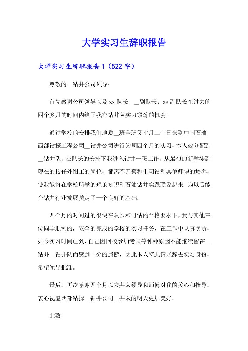 大学实习生辞职报告【最新】