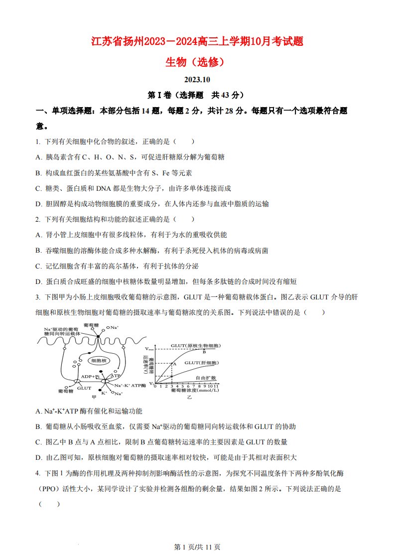 江苏省扬州2023_2024高三生物上学期10月考试题pdf