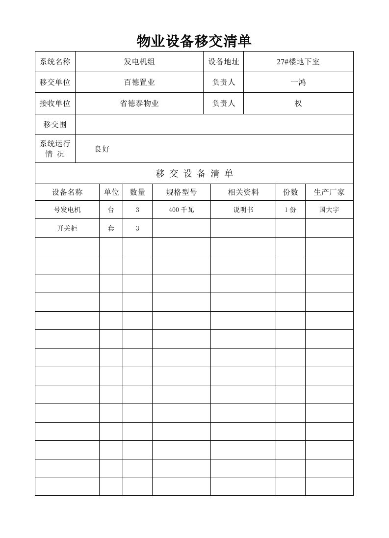 物业设备移交指导应用清单(样表格)