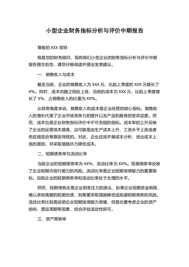 小型企业财务指标分析与评价中期报告