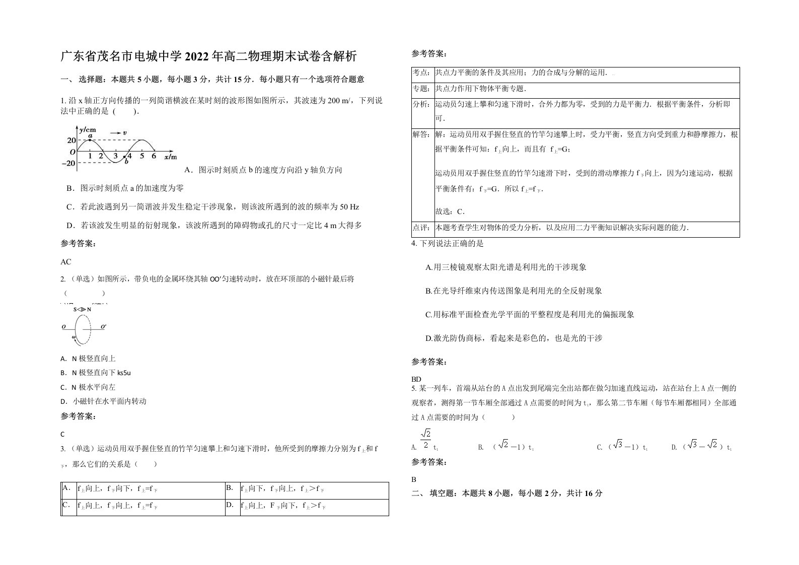 广东省茂名市电城中学2022年高二物理期末试卷含解析