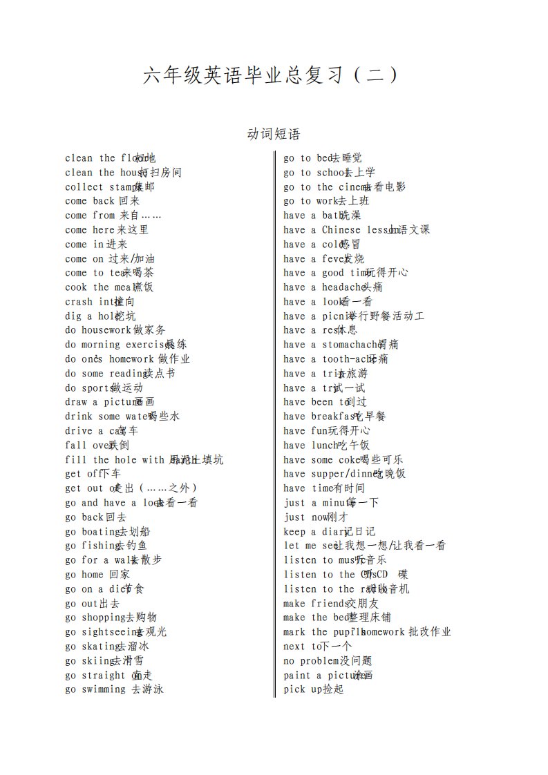 小学六年级英语毕业复习资料常用动词介词短语