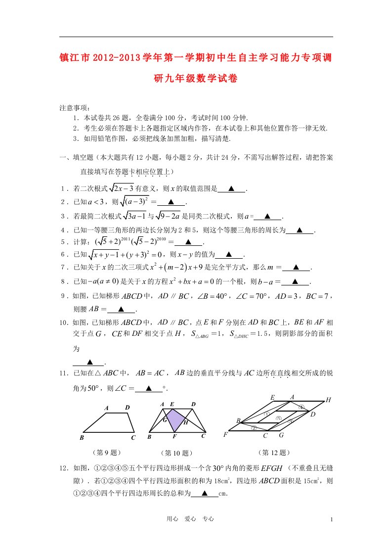 江苏省镇江市2012-2013学年九年级数学第一学期初中生自主学习能力专项调研试卷苏科版