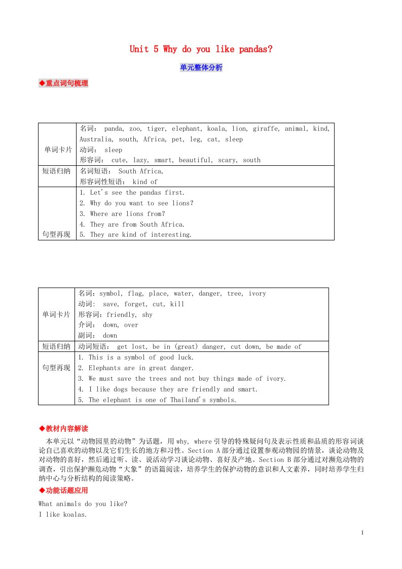 七年级英语下册Unit5Whydoyoulikepandas整体分析教案（新版）人教新目标版