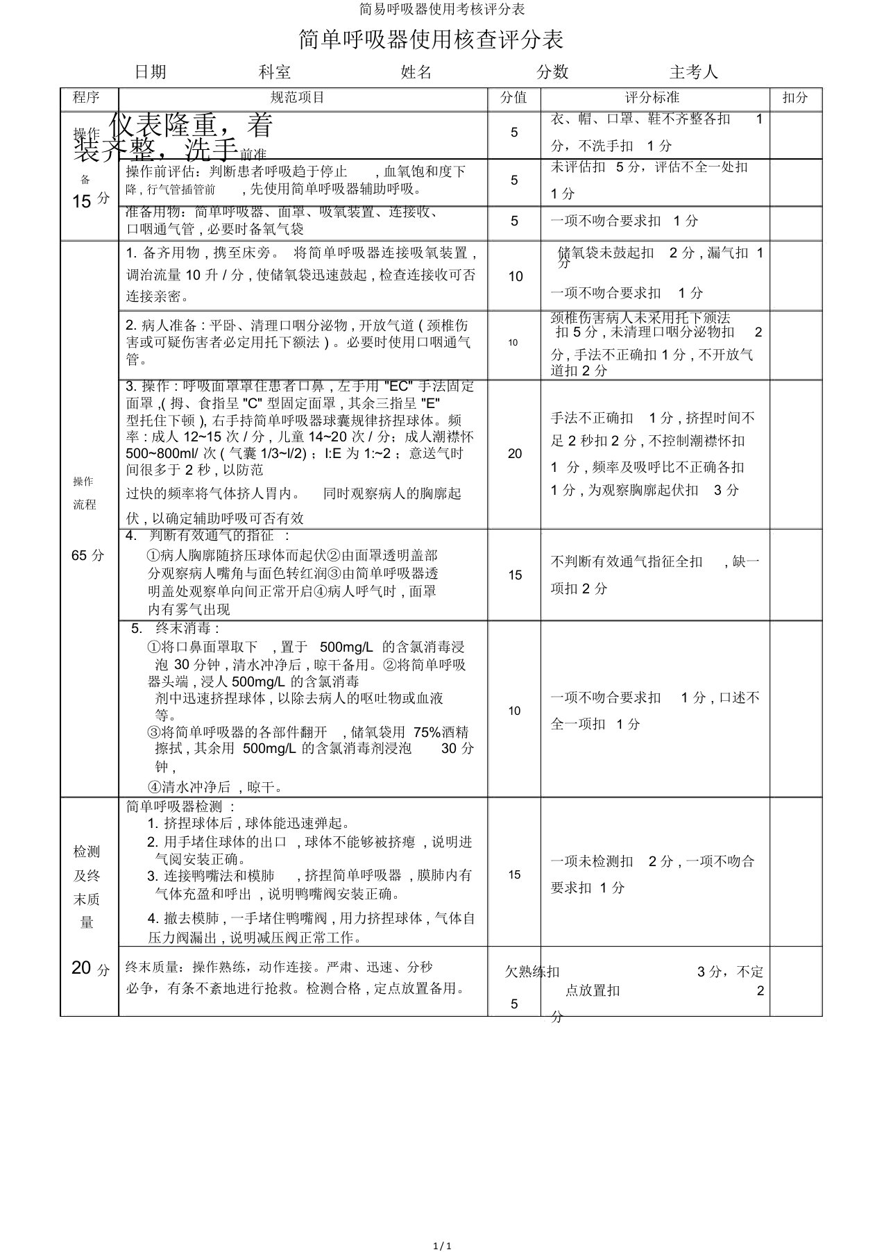 简易呼吸器使用考核评分表