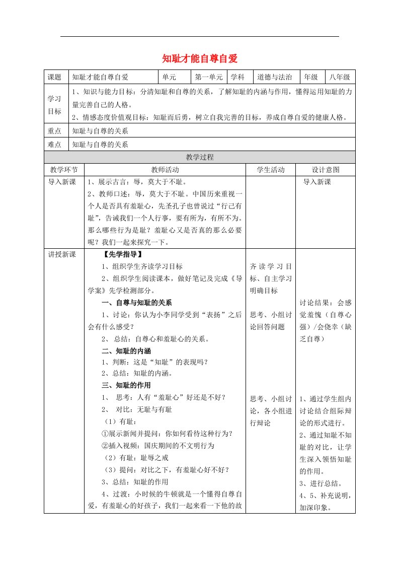 2017秋粤教版道德与法治八年级上册1.1.2《知耻才能自尊自爱》