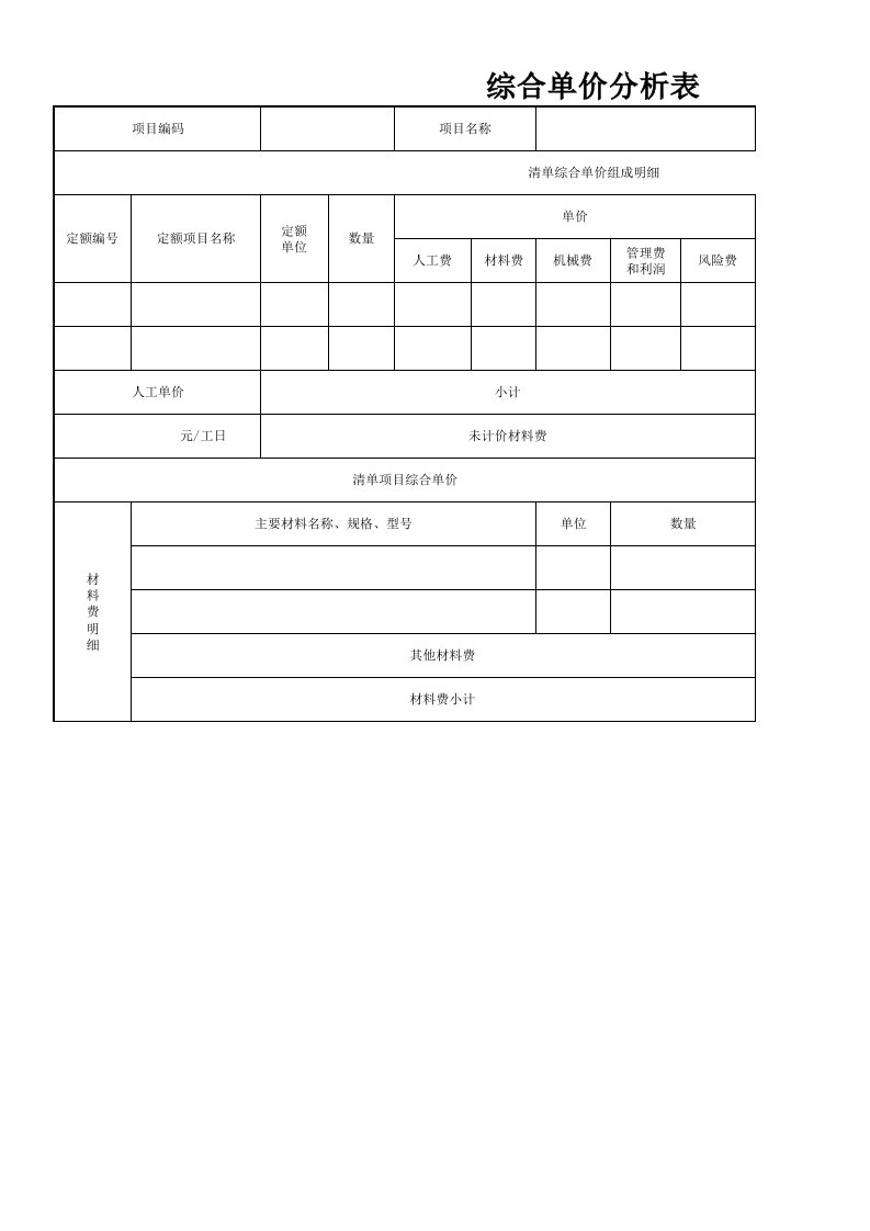 综合单价分析表(空白表格