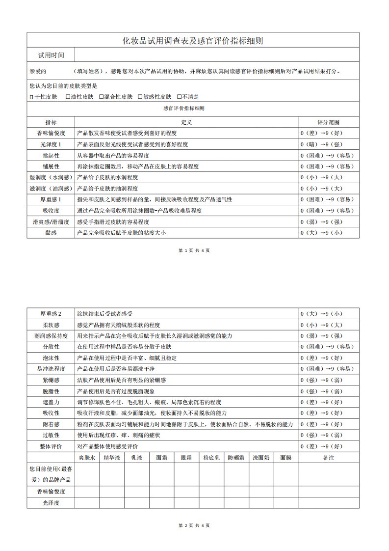 化妆品试用调查表及感官评价指标细则