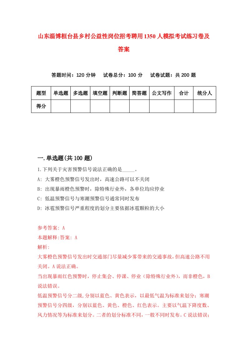 山东淄博桓台县乡村公益性岗位招考聘用1350人模拟考试练习卷及答案1