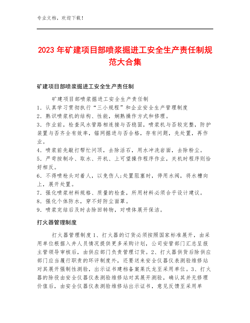 2023年矿建项目部喷浆掘进工安全生产责任制规范大合集