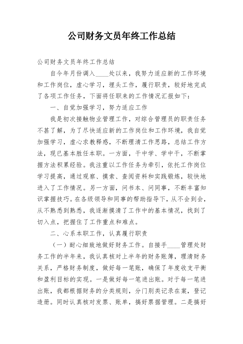 公司财务文员年终工作总结