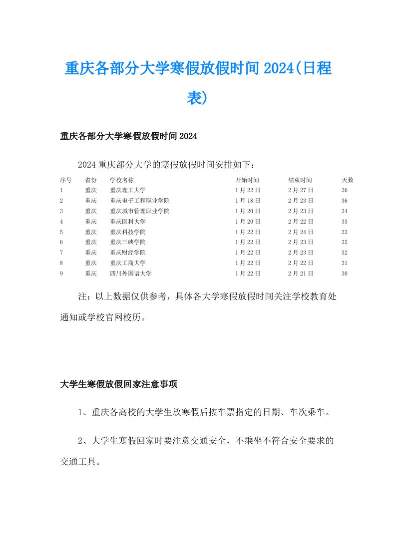 重庆各部分大学寒假放假时间2024(日程表)