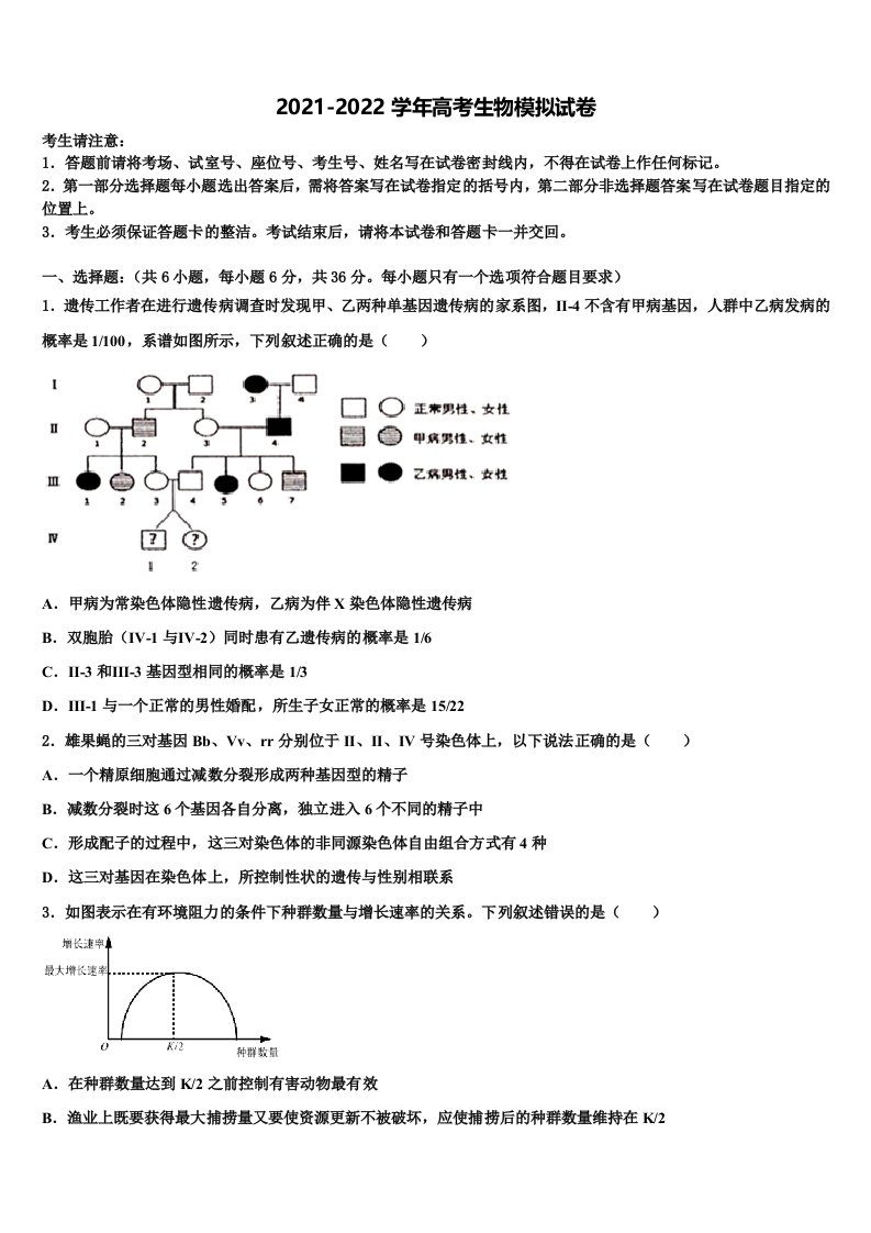 2022年四川省达州市重点中学高三第六次模拟考试生物试卷含解析