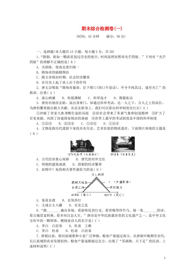 2024七年级历史下学期期末综合检测卷一新人教版