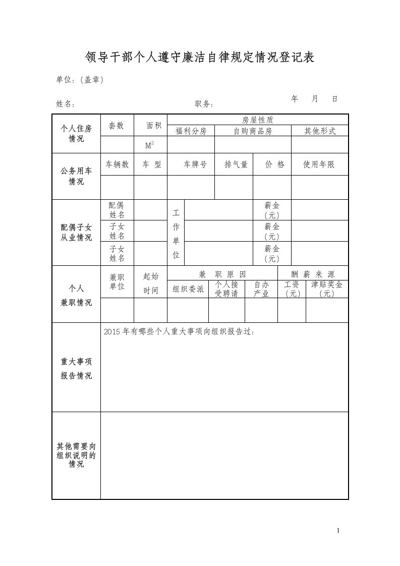 领导干部个人遵守廉洁自律规定情况登记表