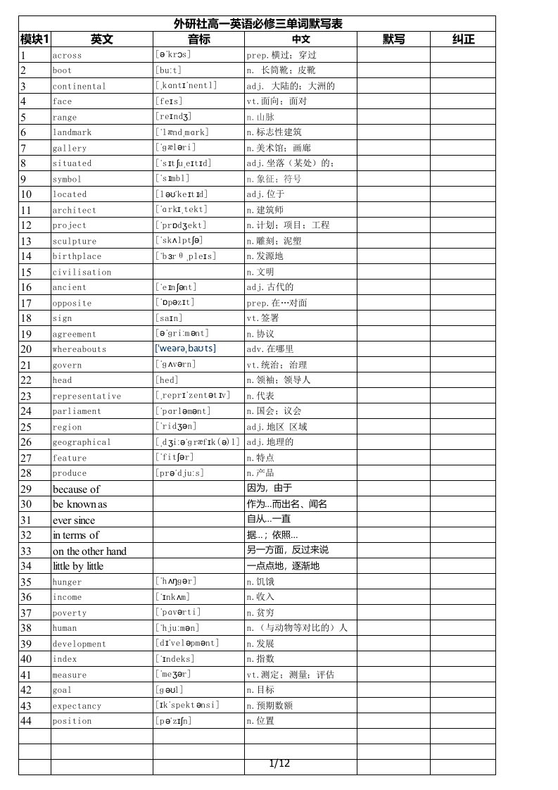 外研版-高中英语单词表-必修三默写纠正打印版-实用见效