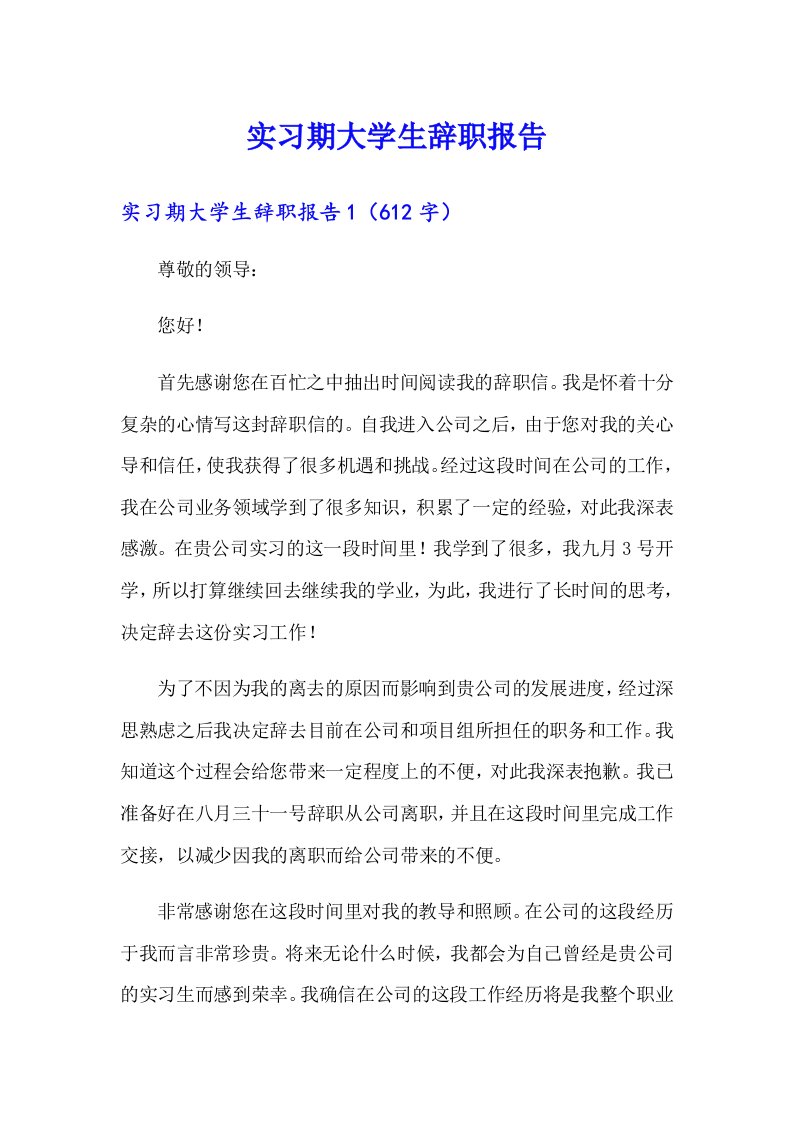 实习期大学生辞职报告