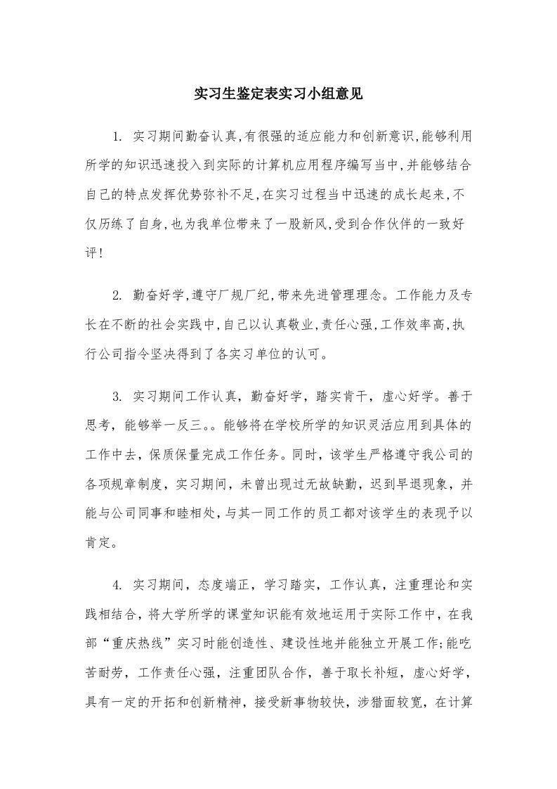 实习生鉴定表实习小组意见