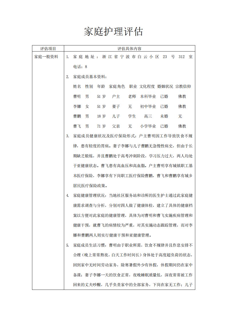 社区护理--家庭护理评估案例