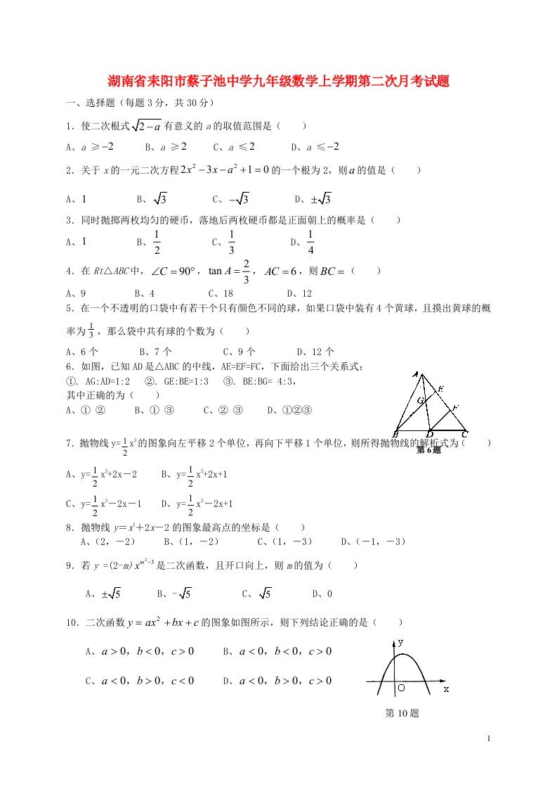 湖南省耒阳市蔡子池中学九级数学上学期第二次月考试题（无答案）