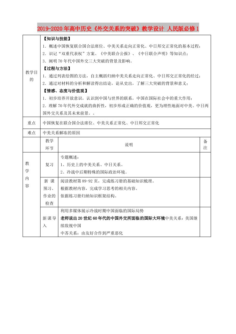 2019-2020年高中历史《外交关系的突破》教学设计