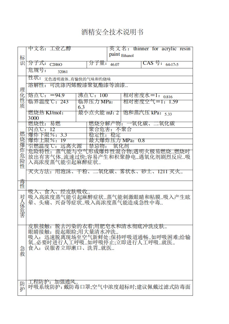 酒精安全技术说明书MSDS