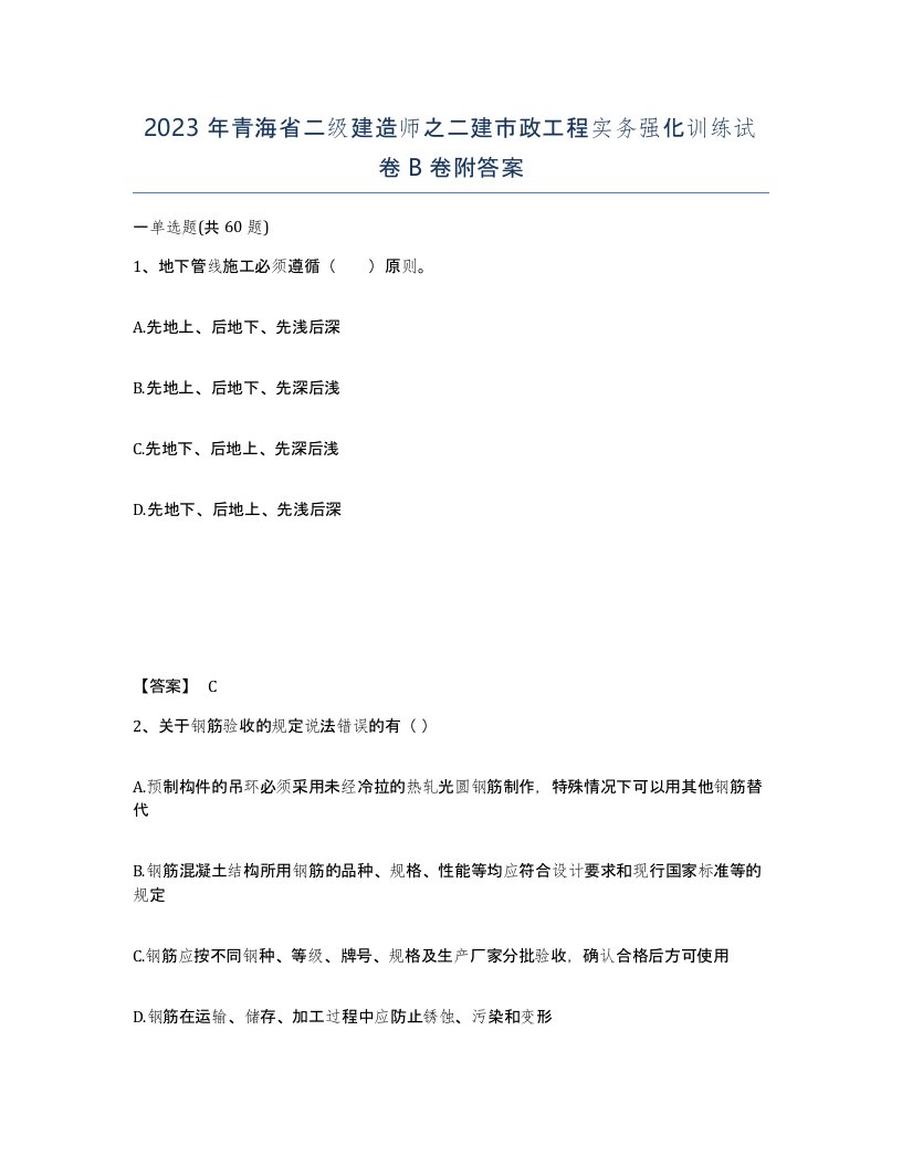 2023年青海省二级建造师之二建市政工程实务强化训练试卷B卷附答案