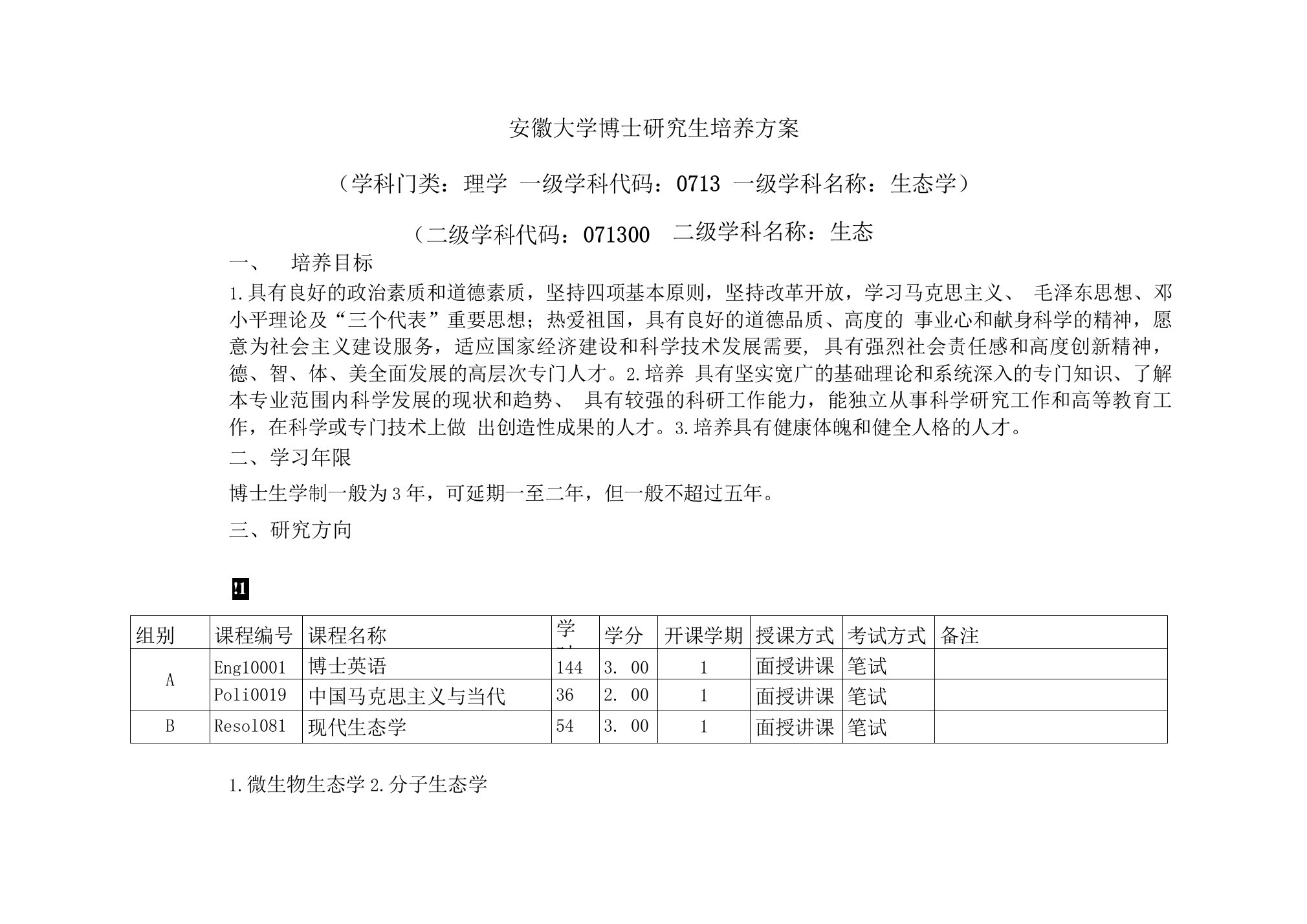 安徽大学博士研究生培养方案