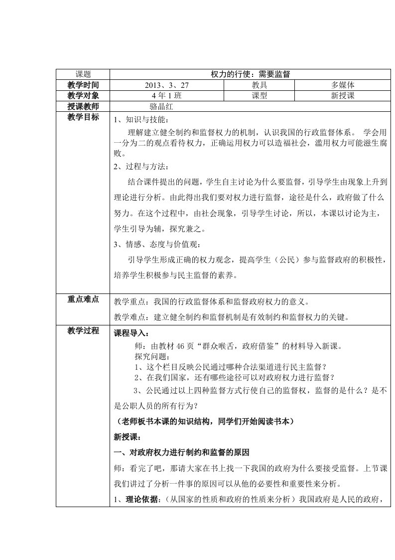 权力的行使：需要监督教案