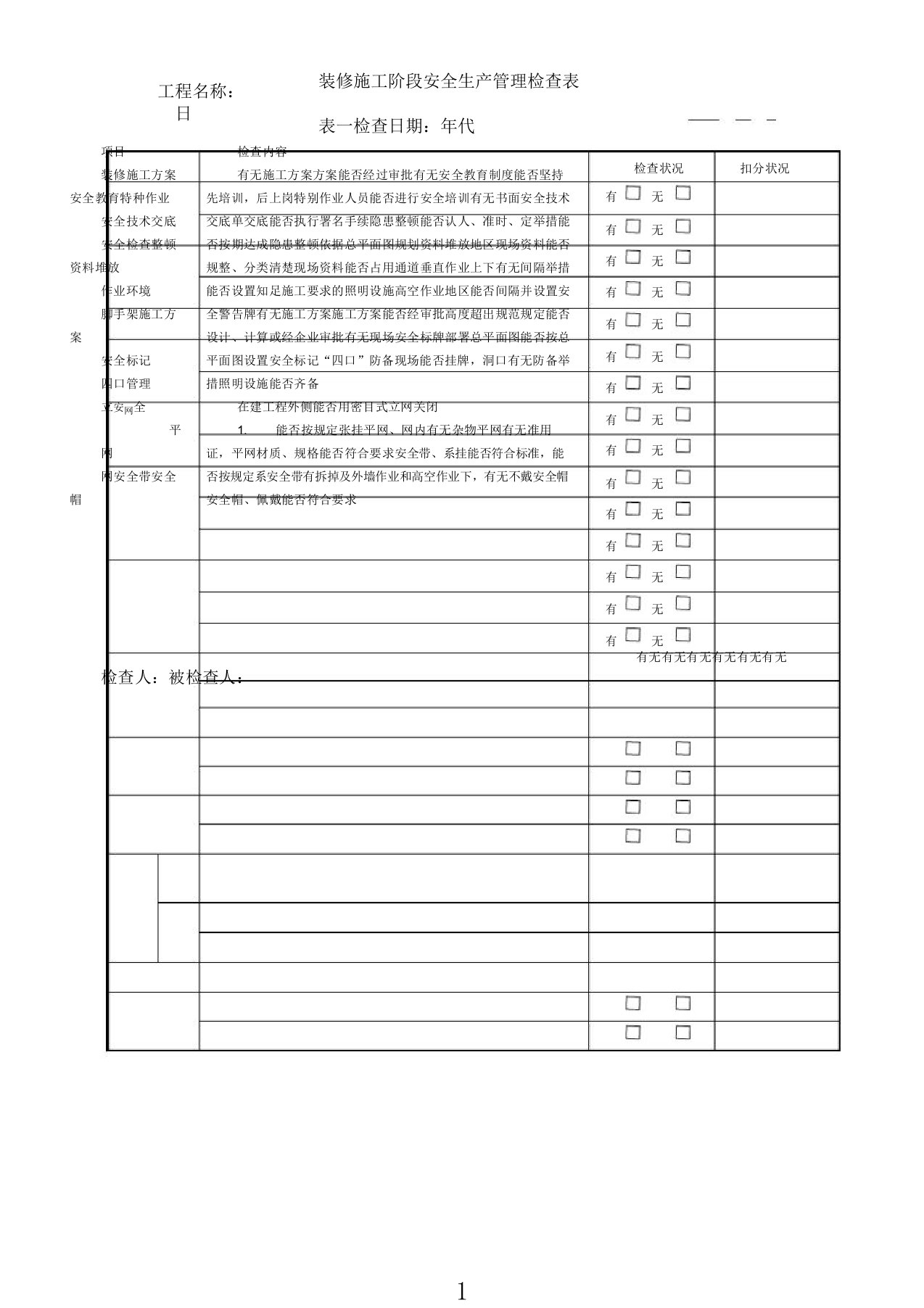 装饰施工阶段安全检查表格