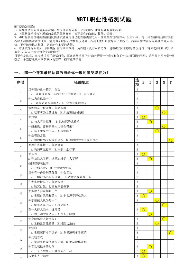 MBTI职业性格测试(自动计算得分并得出分析结果)