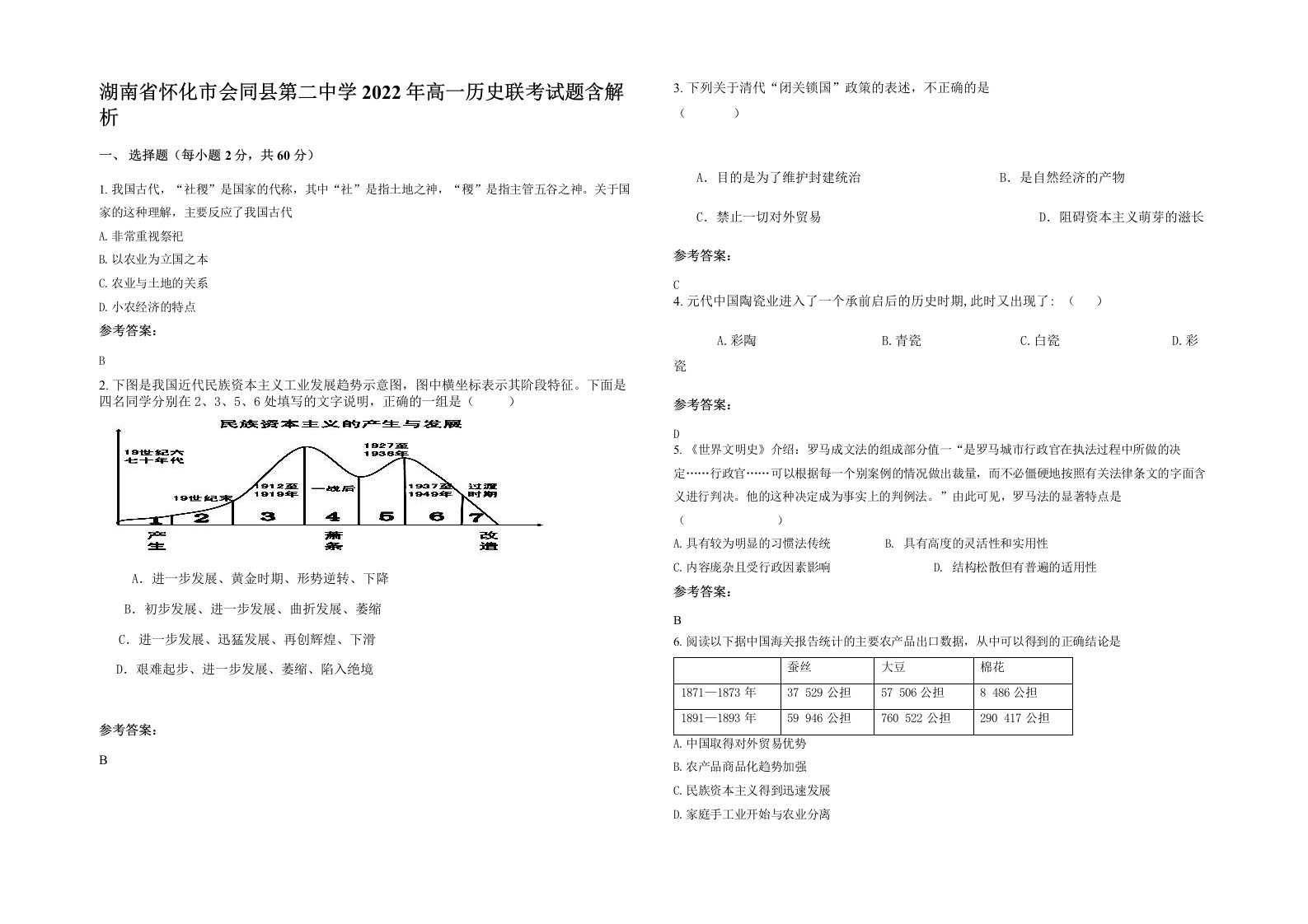 湖南省怀化市会同县第二中学2022年高一历史联考试题含解析