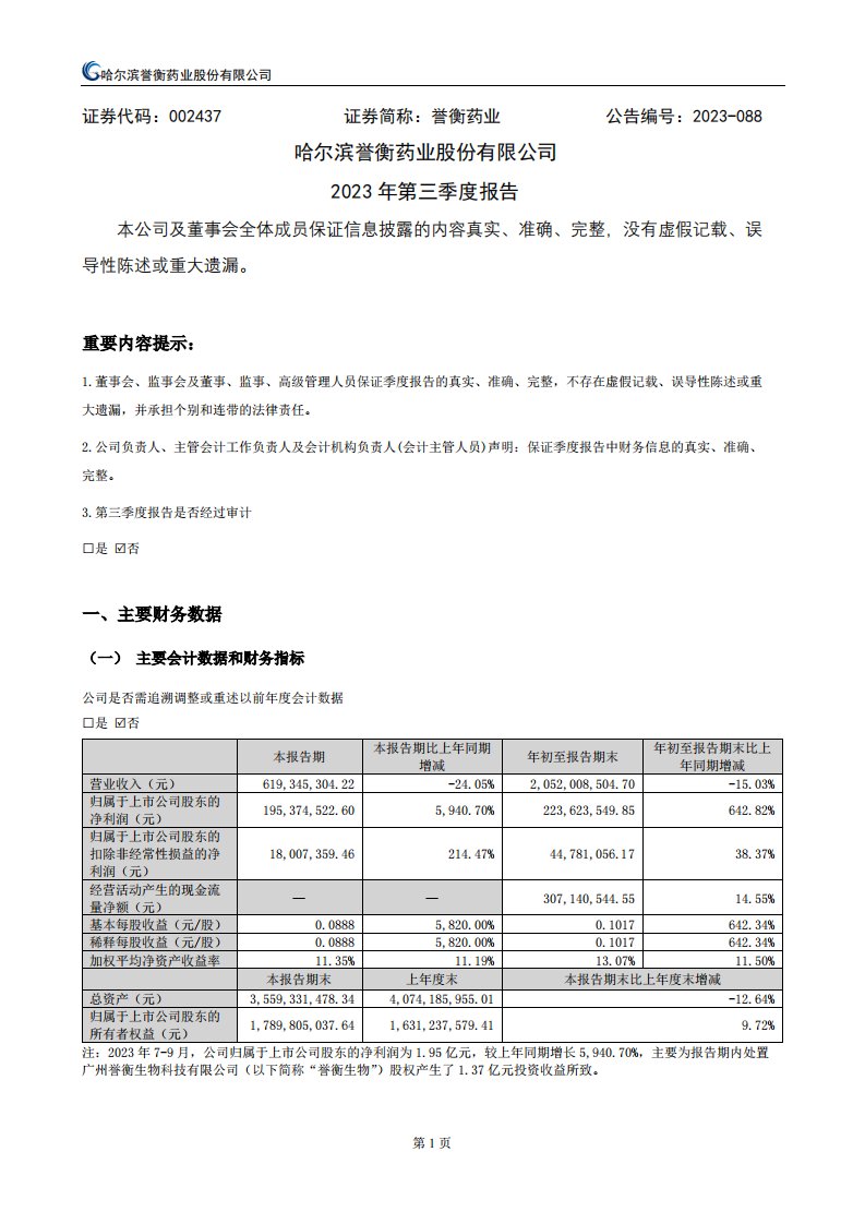 深交所-誉衡药业：2023年三季度报告-20231027