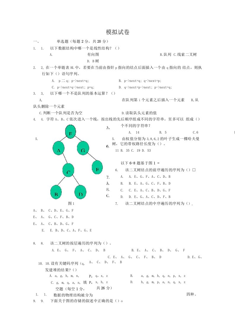 数据结构模拟试卷