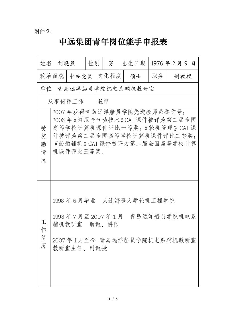 中远集团青年岗位能手申报表