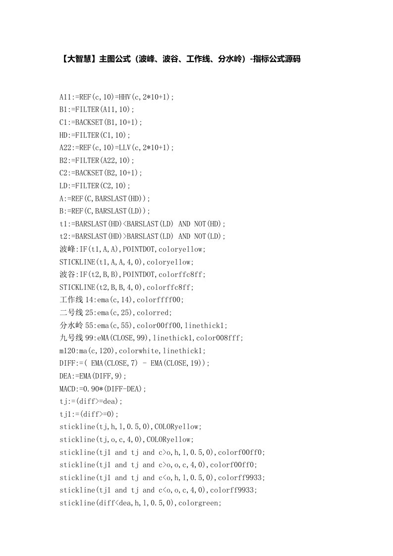 【股票指标公式下载】-【大智慧】主图公式(波峰、波谷、工作线、分水岭)