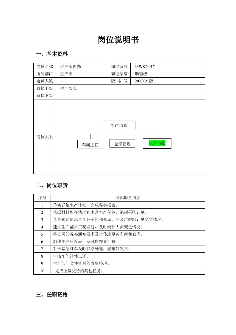 岗位职责-生产部内勤岗位说明书