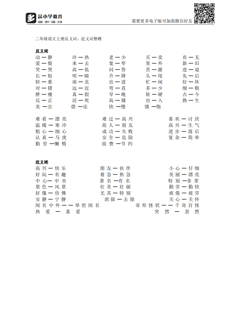 【小学精品】二级语文上册反义词、近义词、动词、形容词整