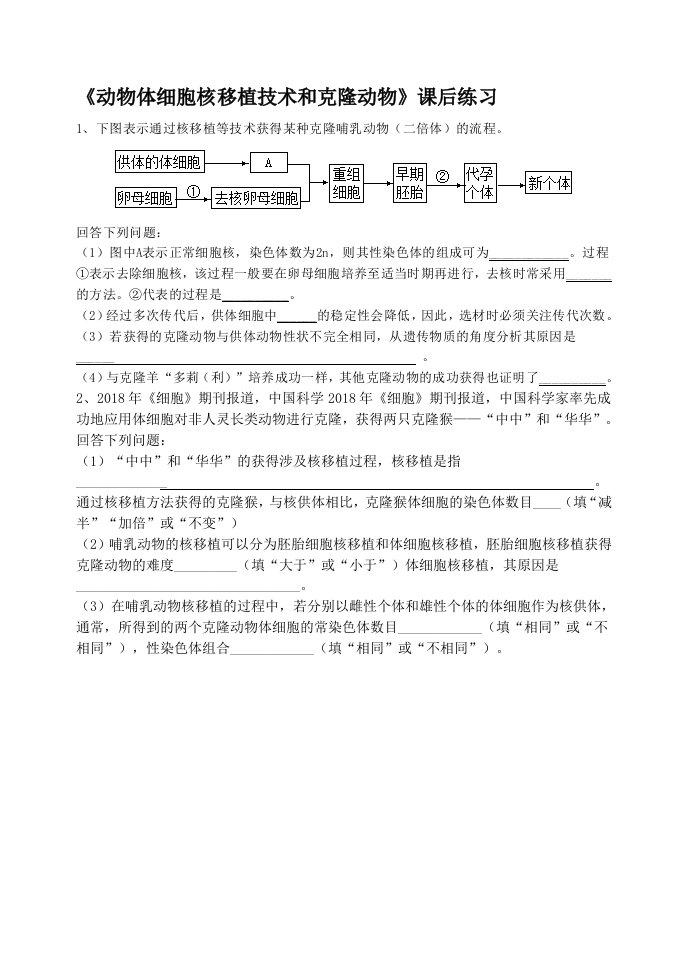 动物细胞核移植与动物体细胞克隆