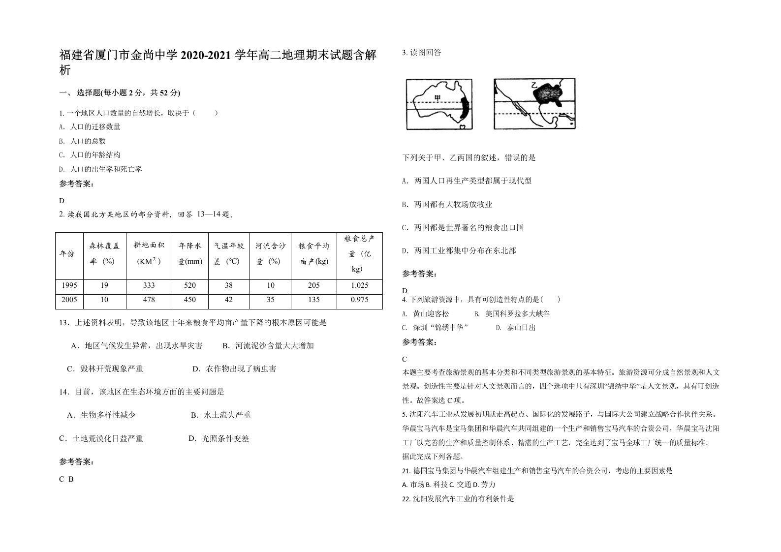 福建省厦门市金尚中学2020-2021学年高二地理期末试题含解析