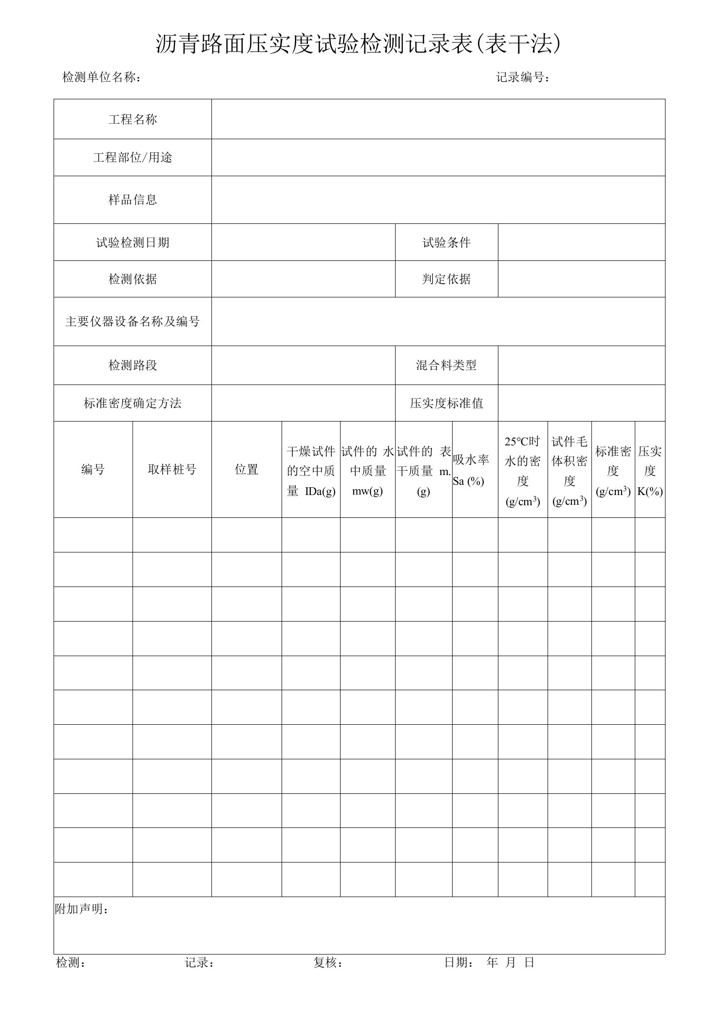 沥青路面压实度试验检测记录表(表干法）