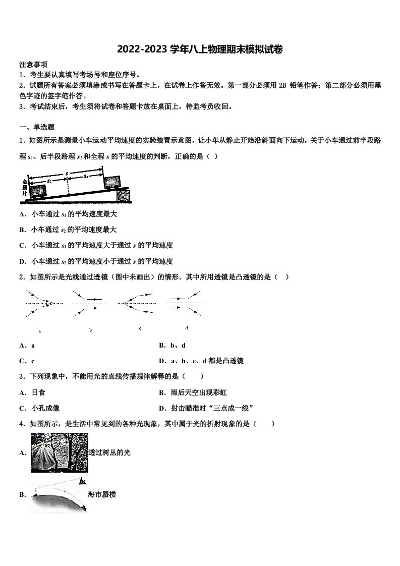 2022-2023学年福建省泉港一中学、城东中学物理八年级上册期末调研模拟试题含解析