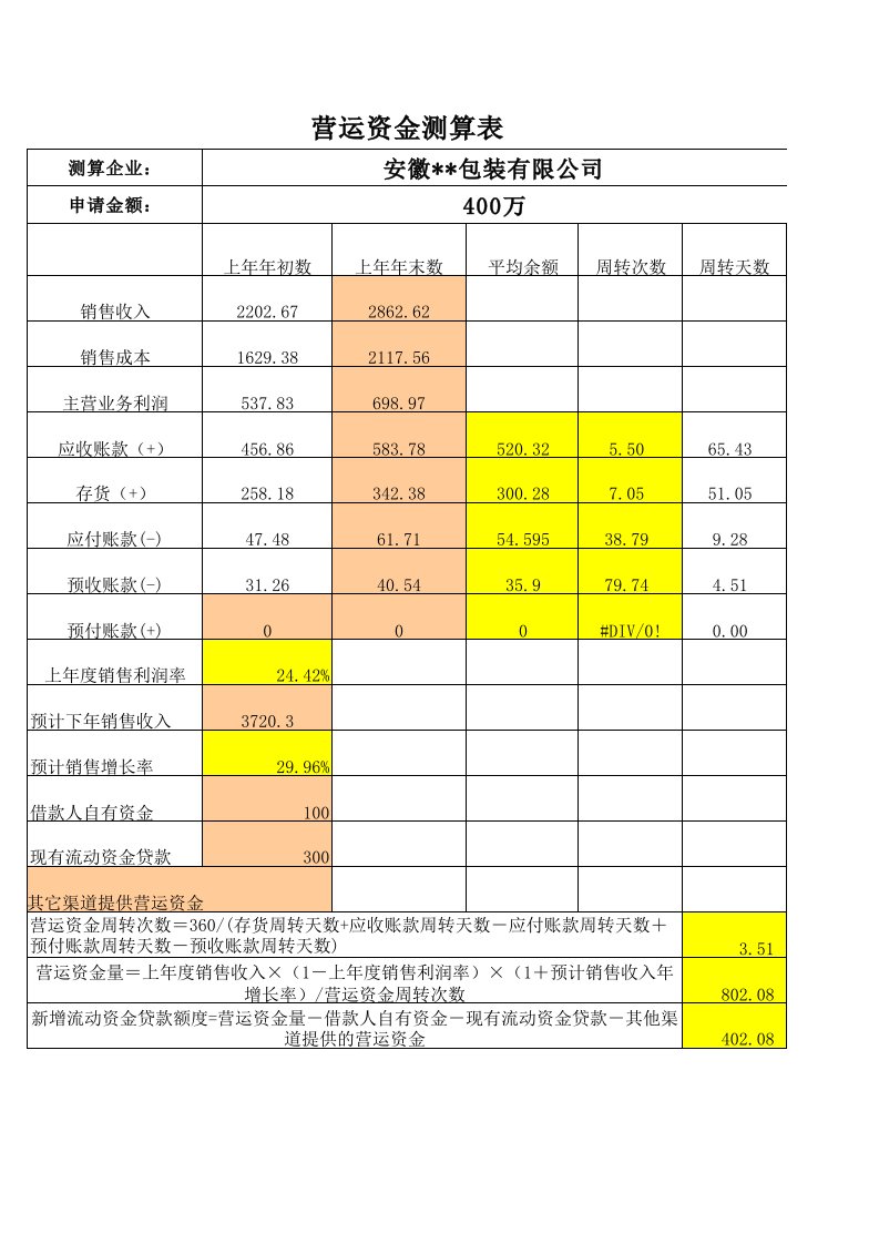 营运资金测算表