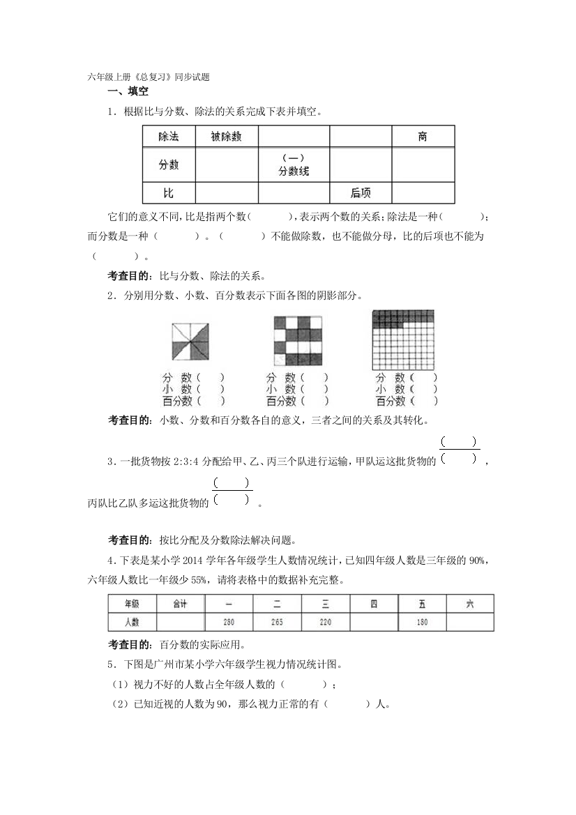 六年级上册总复习同步试题