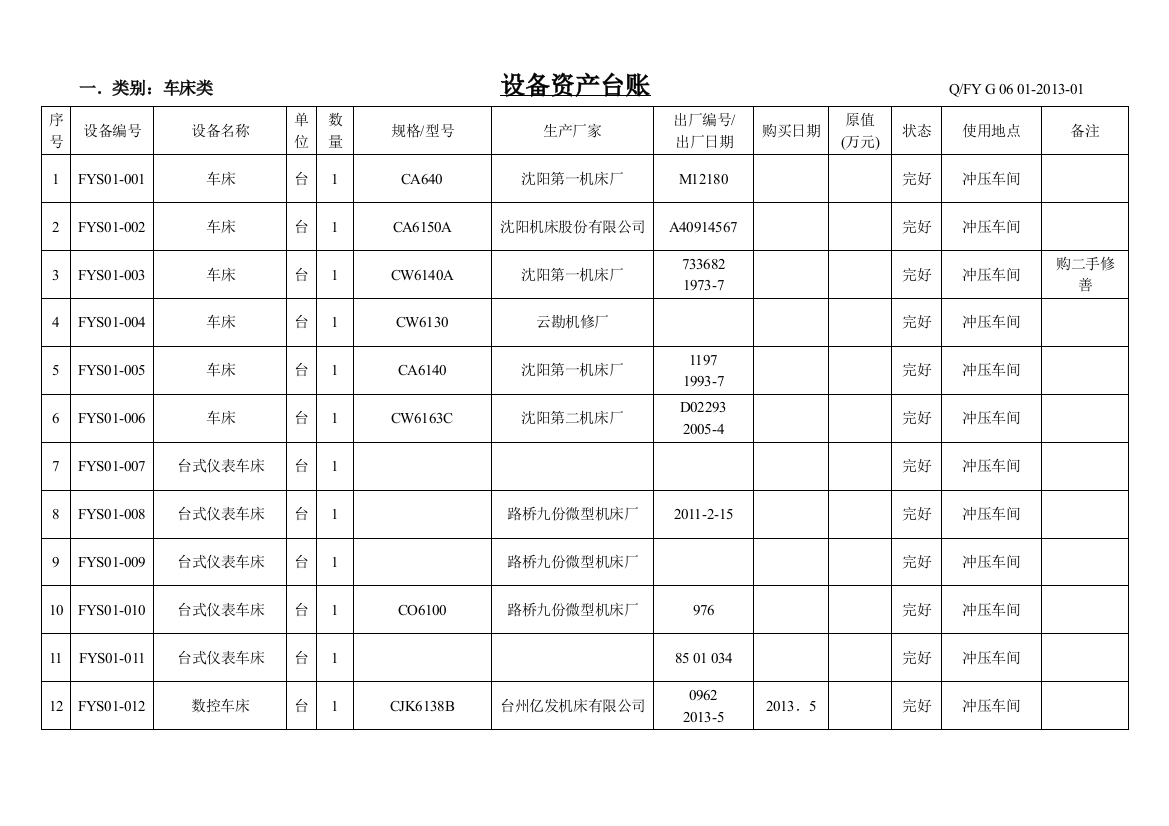 设备台账登记表表