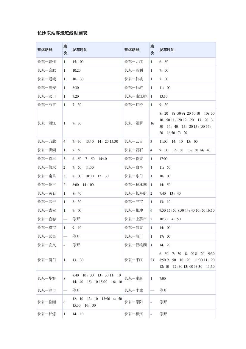 长沙长途汽车客运时刻表