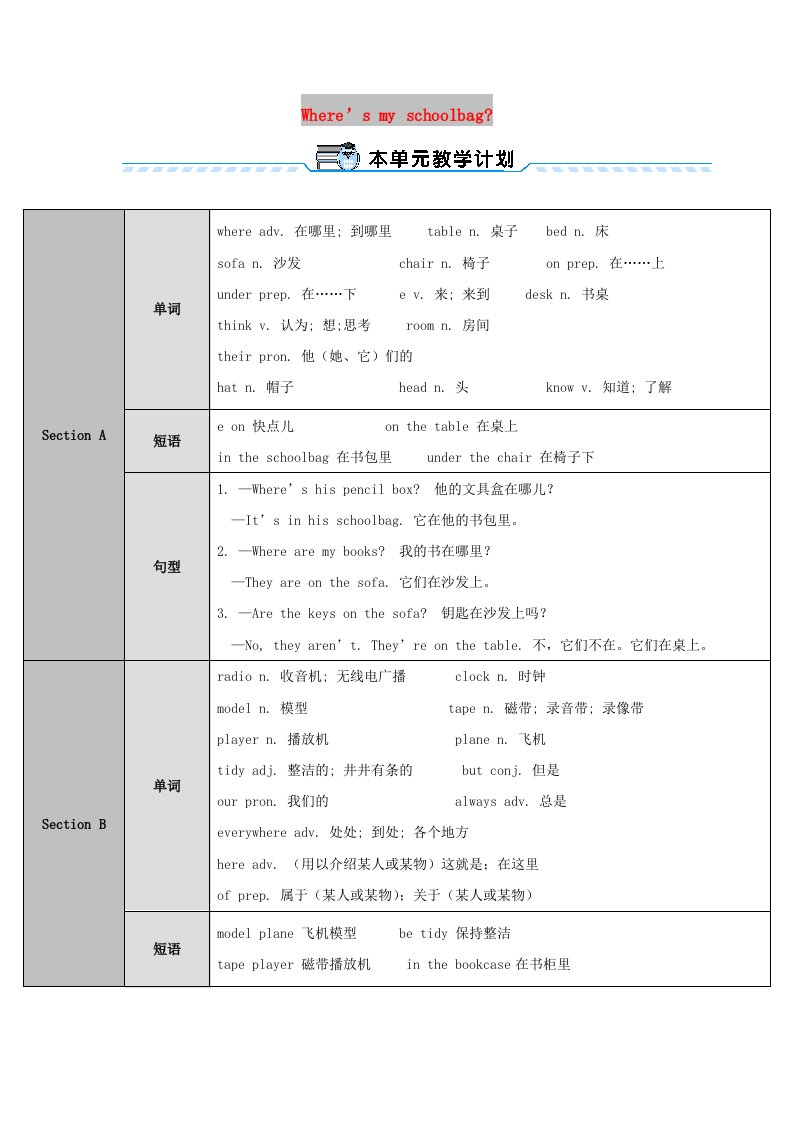 七年级英语上册Unit4Where’smyschoolbag第1课时教案新版人教新目标版