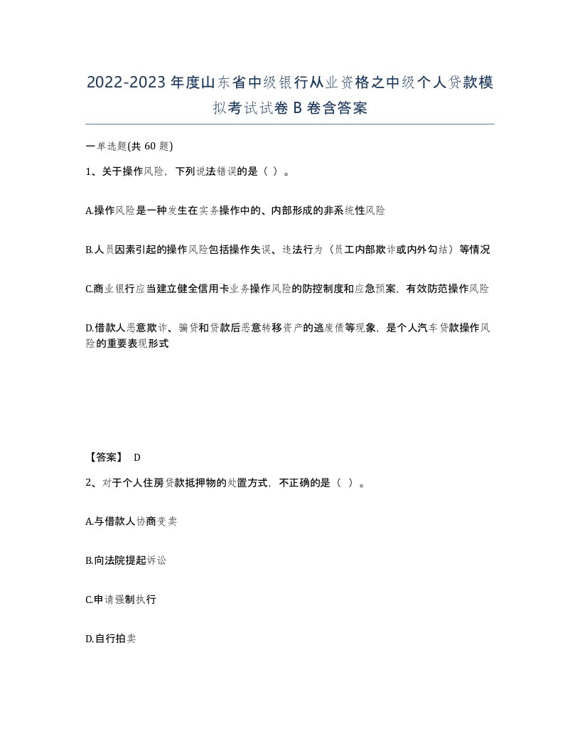 2022-2023年度山东省中级银行从业资格之中级个人贷款模拟考试试卷B卷含答案