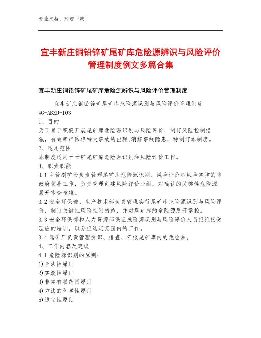 宜丰新庄铜铅锌矿尾矿库危险源辨识与风险评价管理制度例文多篇合集